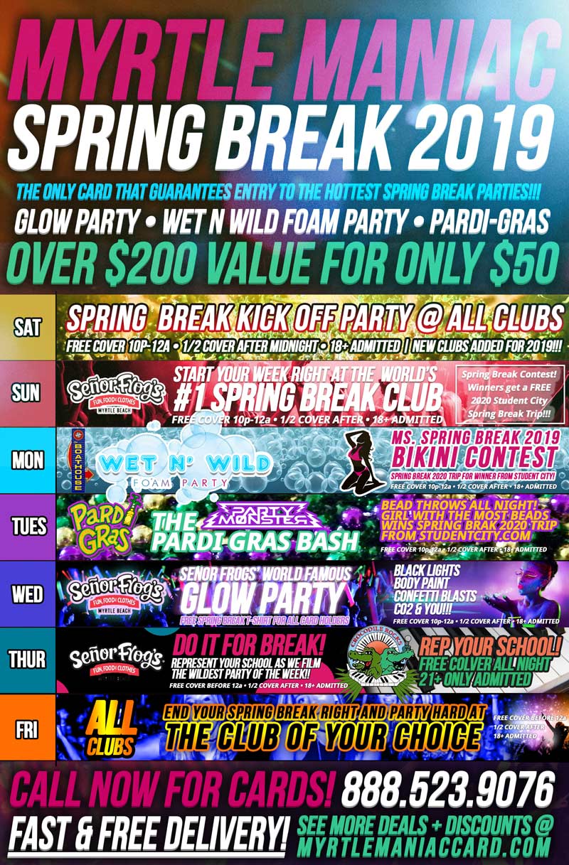 Myrtle Maniac Party Card Ultimate Senior Week Spring Break 2018 Senior Week Myrtlemaniac Sample Schedule