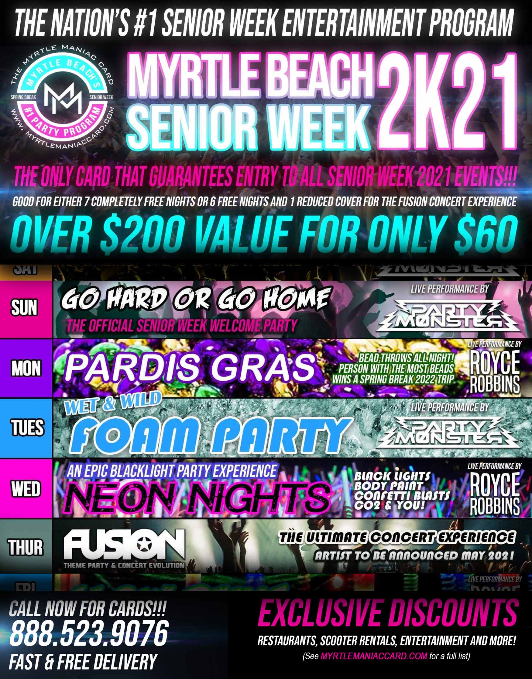 Myrtle Maniac Party Card Ultimate Senior Week + Spring Break Party Series